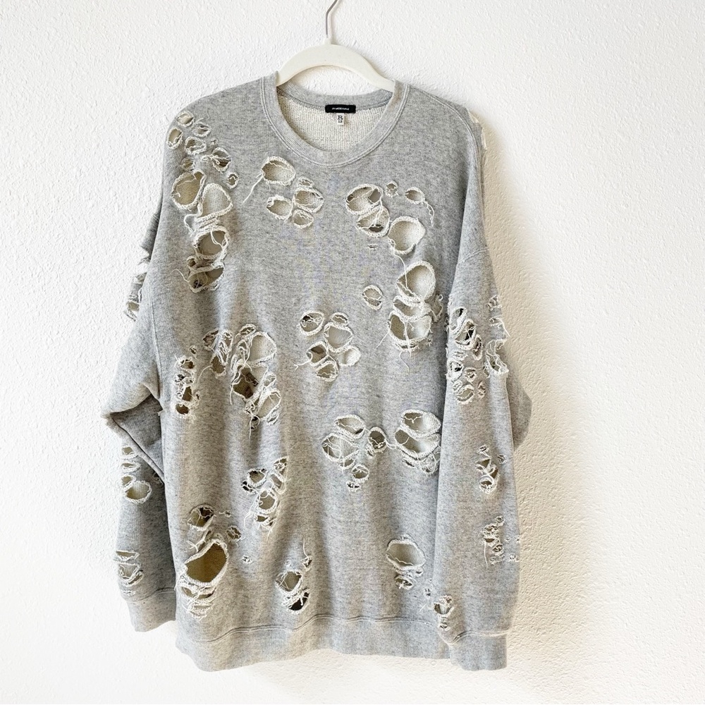 R13 Super Distressed Oversized Cotton Blend Sweatshirt Gray Size XS Grunge